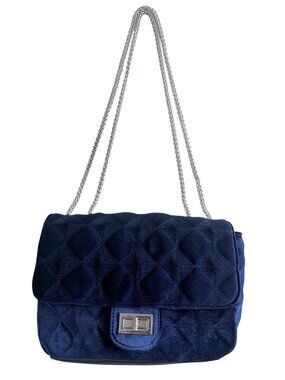 Charming Charlie Royal Blue Velvet Quilted Flap Crossbody Bag Silver Chain Strap